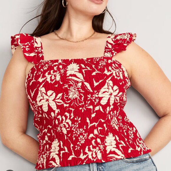Old Navy Fitted Ruffle Floral Top Womens 2X Red Floral Smocked Boho Hawaiian - Picture 1 of 6